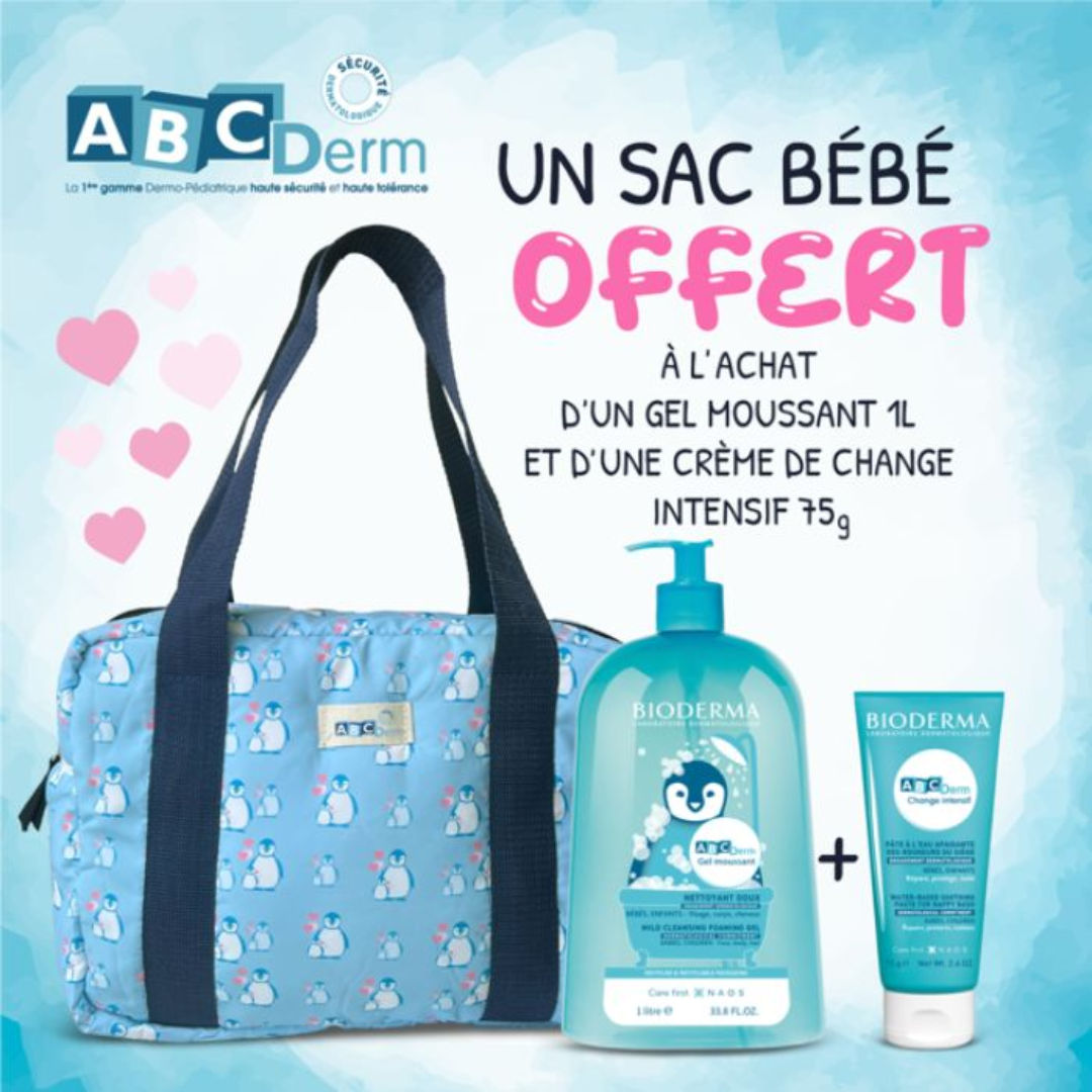 BIODERMA ABCDerm – Gel Moussant Doux 1 L + change intensif 75G + Sac bébé Offert
