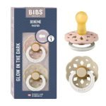 BIBS BOHEME PACIFIER NATURAL RUBBER ROUND SIZE 1 PACK DE 2 GLOW IN THE DARK BLUSH GLOW ET VANILLA GLOW - BIBS