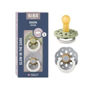 BIBS BOHEME PACIFIER NATURAL RUBBER ROUND SIZE 1 PACK DE 2 GLOW IN THE DARK SAGE GLOW ET CLOUD GLOW - BIBS