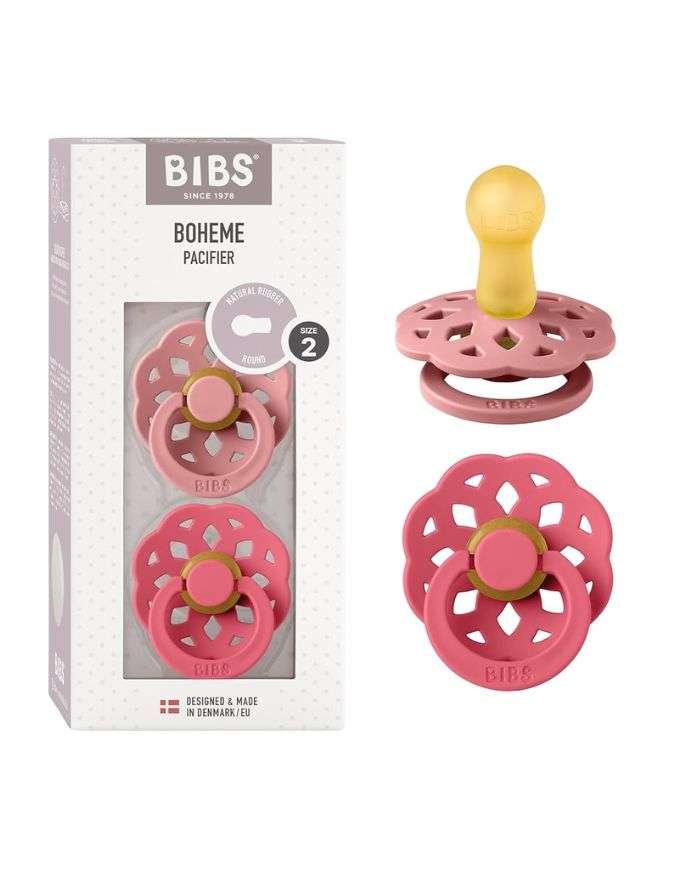 BIBS BOHEME PACIFIER NATURAL RUBBER ROUND SIZE 2 PACK DE 2 DUSTY PINK ET CORAL - BIBS