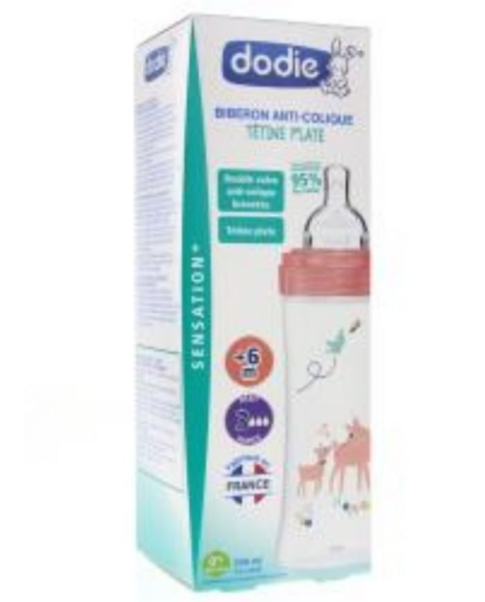 DODIE BIBERON SENSATION+ANTI COLIQUE TETINE PLATE 330 ML ROSE - DODIE