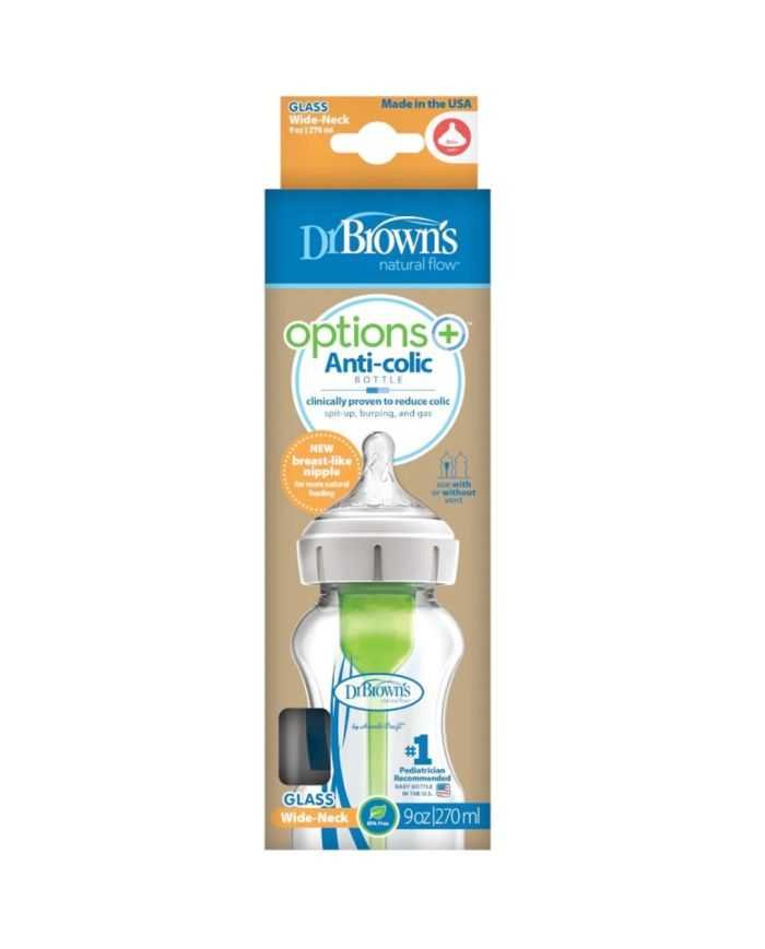 DR BROWNS BIBERON EN VERRE OPTIONS + ANTI COLIC COL LARGE 270 ML 0 M+ - DR BROWNS