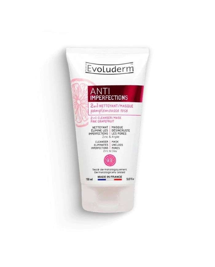 EVOLUDERM ANTI IMPERFECTIONS 2 EN 1 NETTOYANT MASQUE PAMPLEMOUSSE ROSE 150ML - EVOLUDERM
