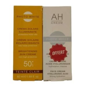 PHOTO WHITE OFFRE CREME SOLAIRE TEINTEE CLAIRE ECLAIRICISSANTE SPF 50+ 50 ML + CREME VISAGE ACIDE HYALURONIQUE 50ml OFFERT - PHOTO WHITE