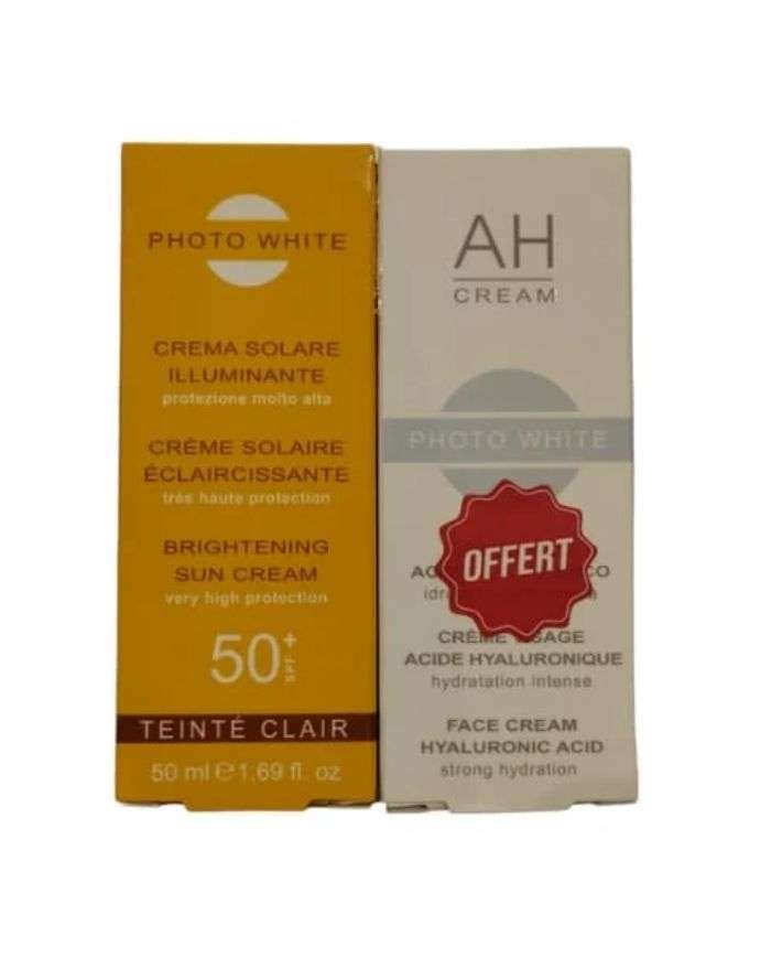 PHOTO WHITE OFFRE CREME SOLAIRE TEINTEE CLAIRE ECLAIRICISSANTE SPF 50+ 50 ML + CREME VISAGE ACIDE HYALURONIQUE 50ml OFFERT - PHOTO WHITE
