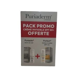 PURIADERM PACK PURIACTIV SOIN DE NUIT ECLAIRCISSANT INTENSE 30 ML + PURISUN CREME SOLAIRE INVISIBLE 50ML OFFERT - PURIADERM