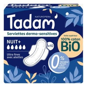 TADAM 10 SERVIETTES DERMO SENSITIVES NUIT + COTON BIO ULTRA FINE AVEC AILETTES - TADAM
