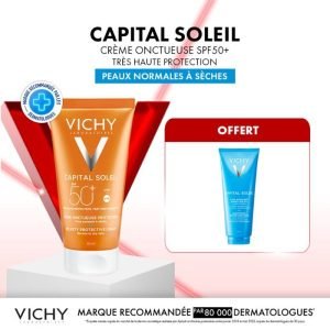 VICHY OFFRE CAPITAL SOLEIL CREME ONCTUEUSE PROTECTRICE PEAU NORMALE A SECHE SPF 50+ 50 ML + CAPITAL SOLEIL 100 ML OFFERT - VICHY